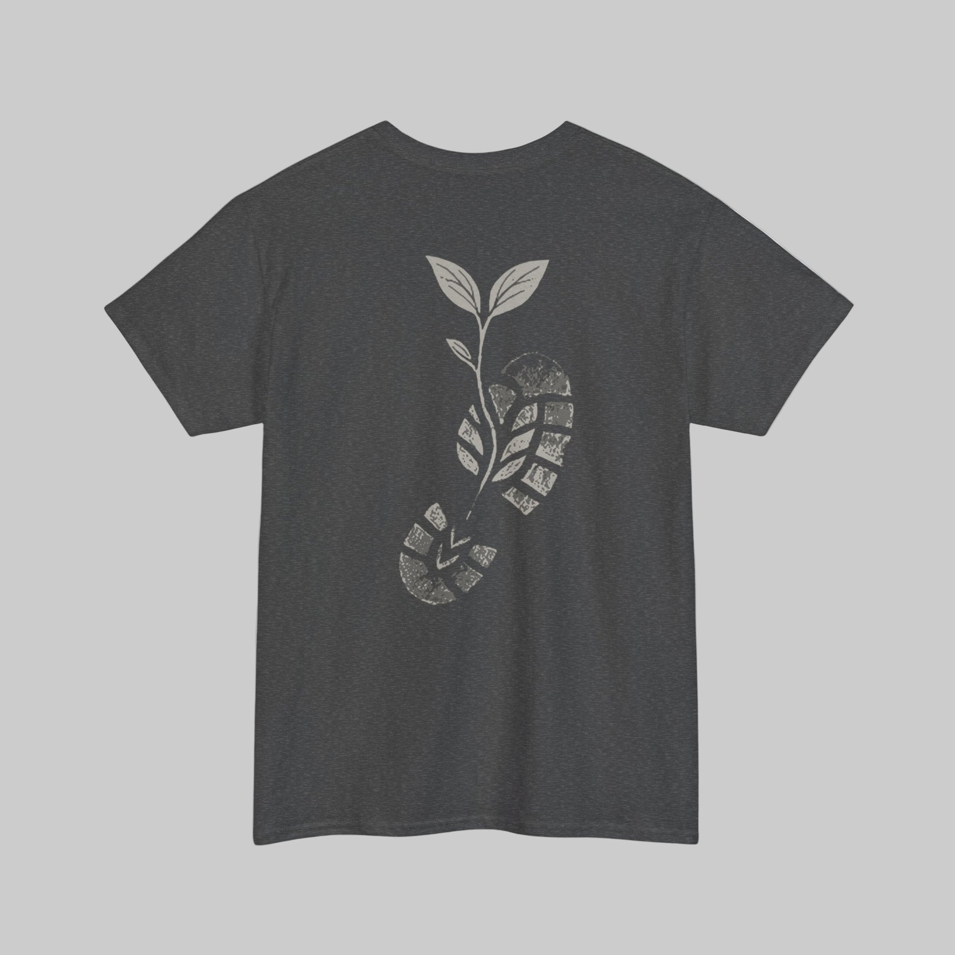 Dark gray t-shirt with a white graphic design on the back against a white background