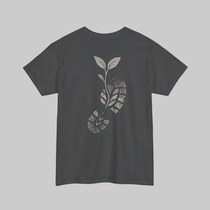 Dark gray t-shirt with a white graphic design on the back against a white background