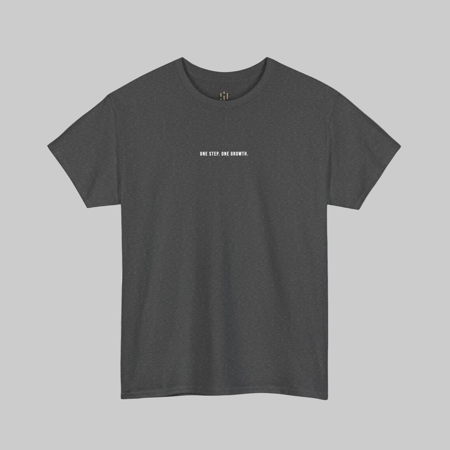 Gray t-shirt with white text on a white background