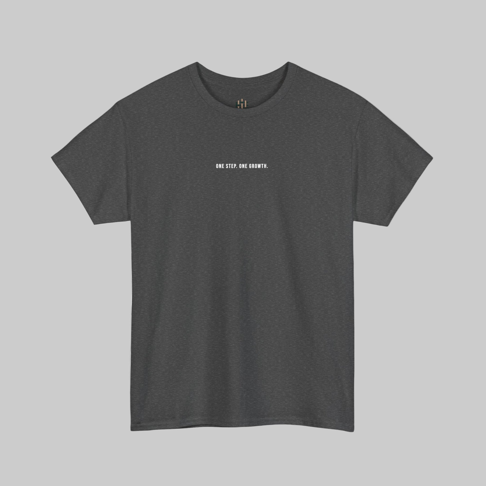 Gray t-shirt with white text on a white background