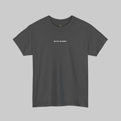 Gray t-shirt with white text on a white background
