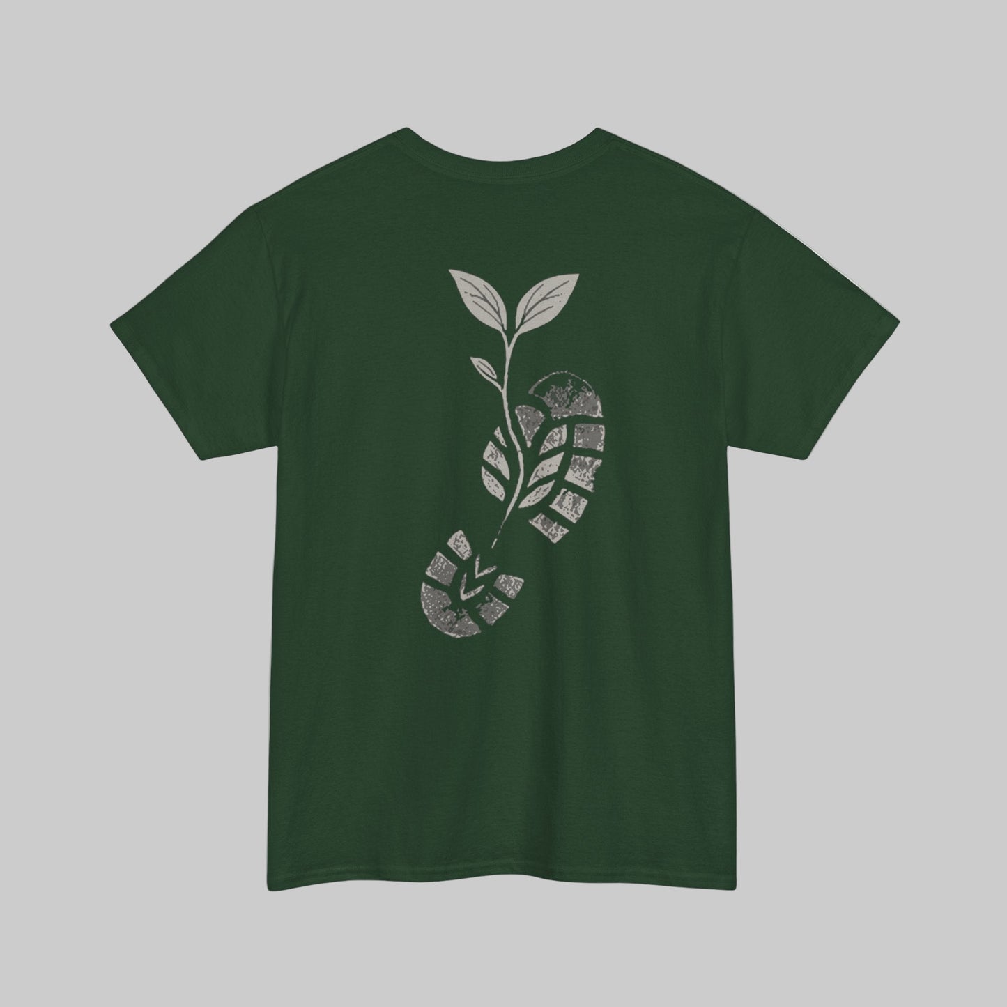 Green t-shirt with a white footprint design on the back against a white background