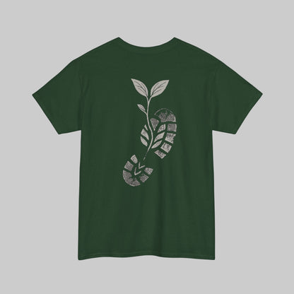 Green t-shirt with a white footprint design on the back against a white background