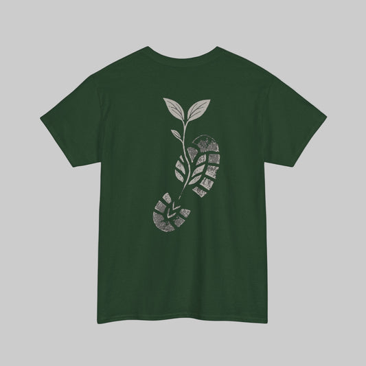 Green t-shirt with a white footprint design on the back against a white background