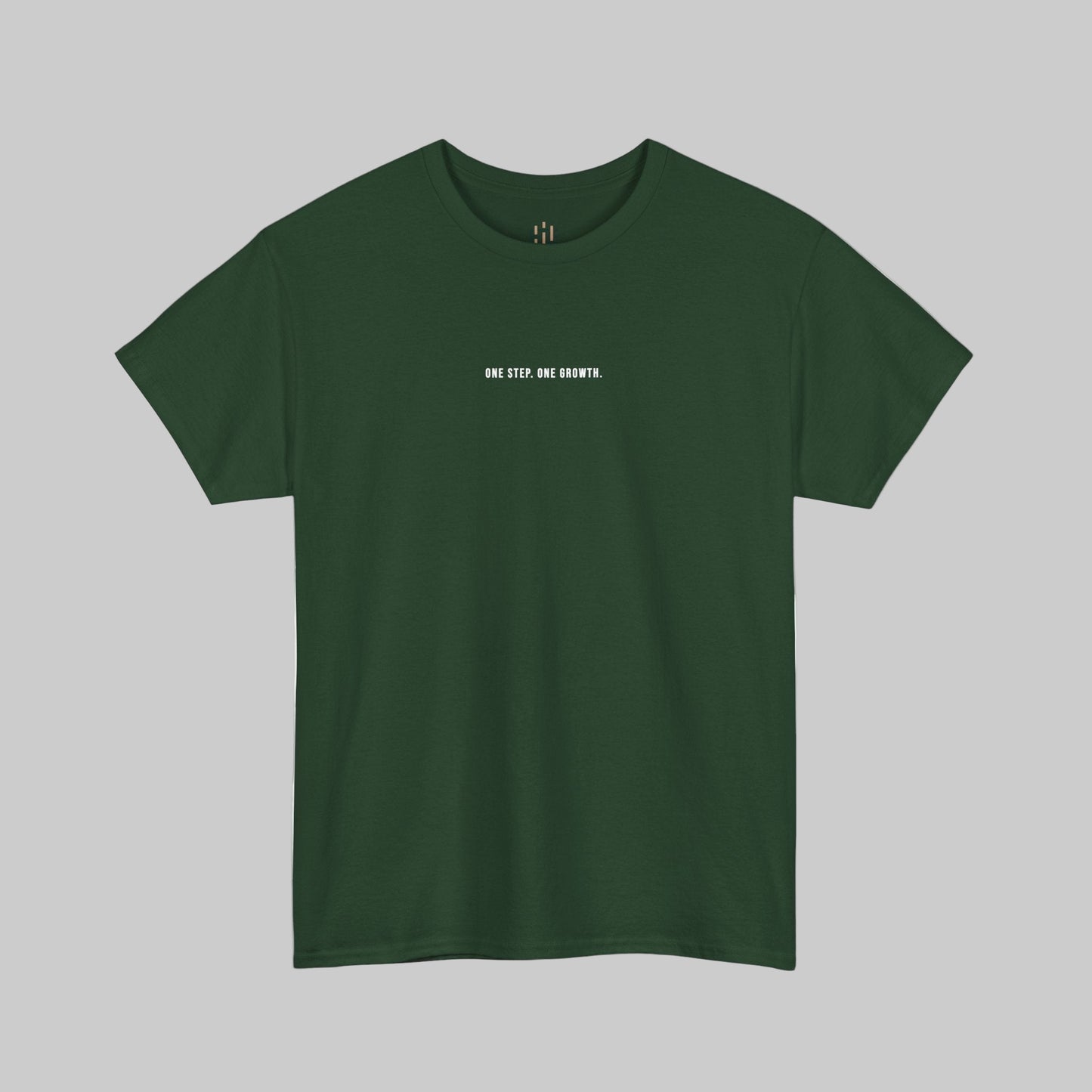 Green t-shirt with white text on a white background