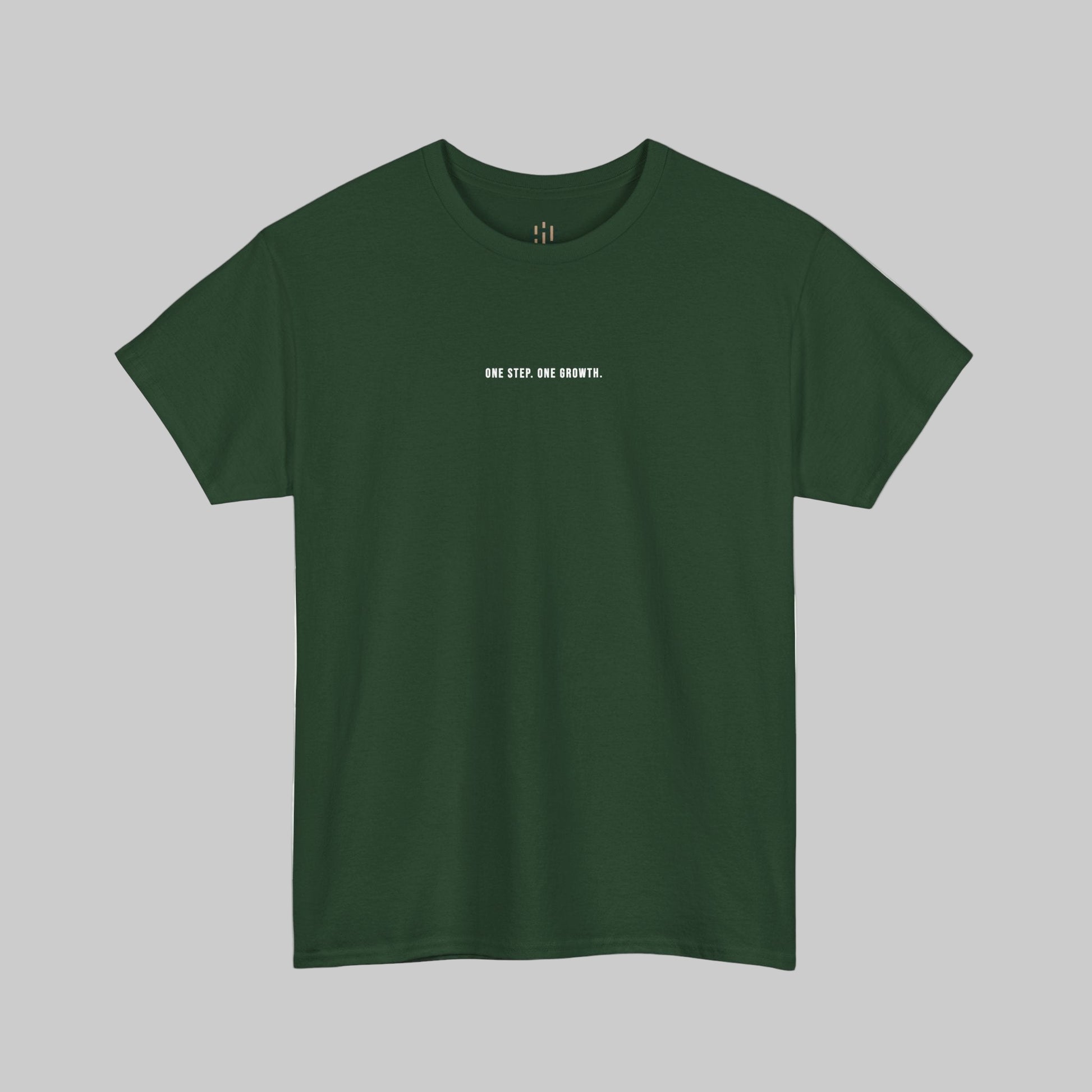 Green t-shirt with white text on a white background