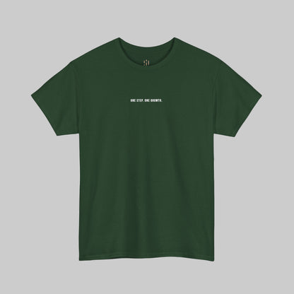 Green t-shirt with white text on a white background