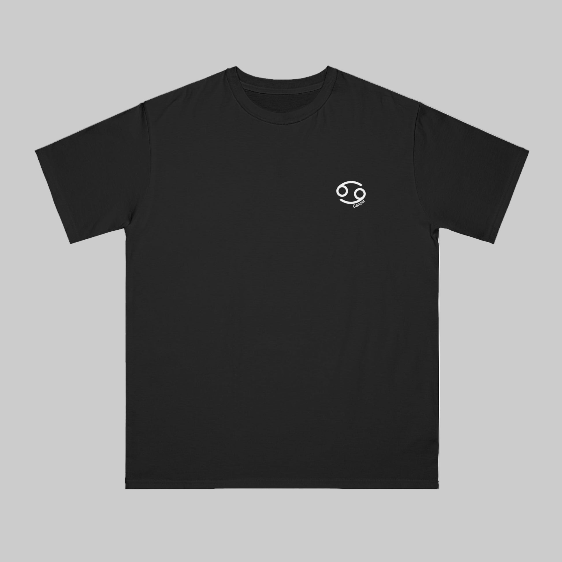 Black t-shirt with a white logo on a white background