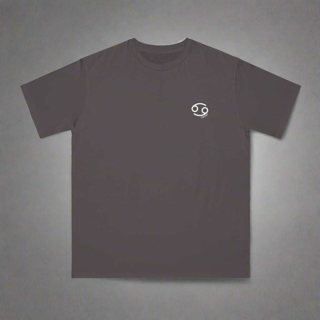 Dark gray t-shirt with a small white logo on a white background