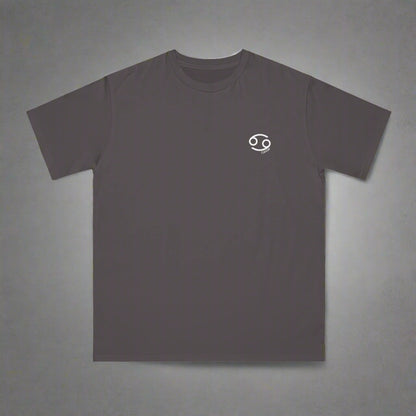 Dark gray t-shirt with a small white logo on a white background