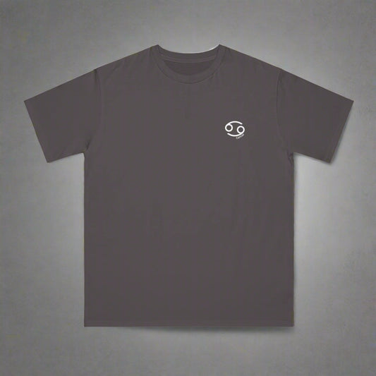 Dark gray t-shirt with a small white logo on a white background