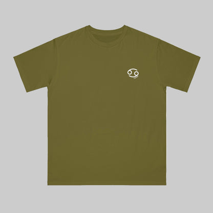 Green t-shirt with a small white logo on a white background