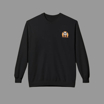 Black sweatshirt with a small graphic on the chest against a white background