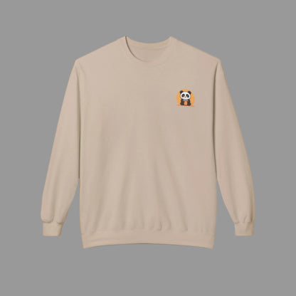Beige sweatshirt with a small logo on the chest against a white background