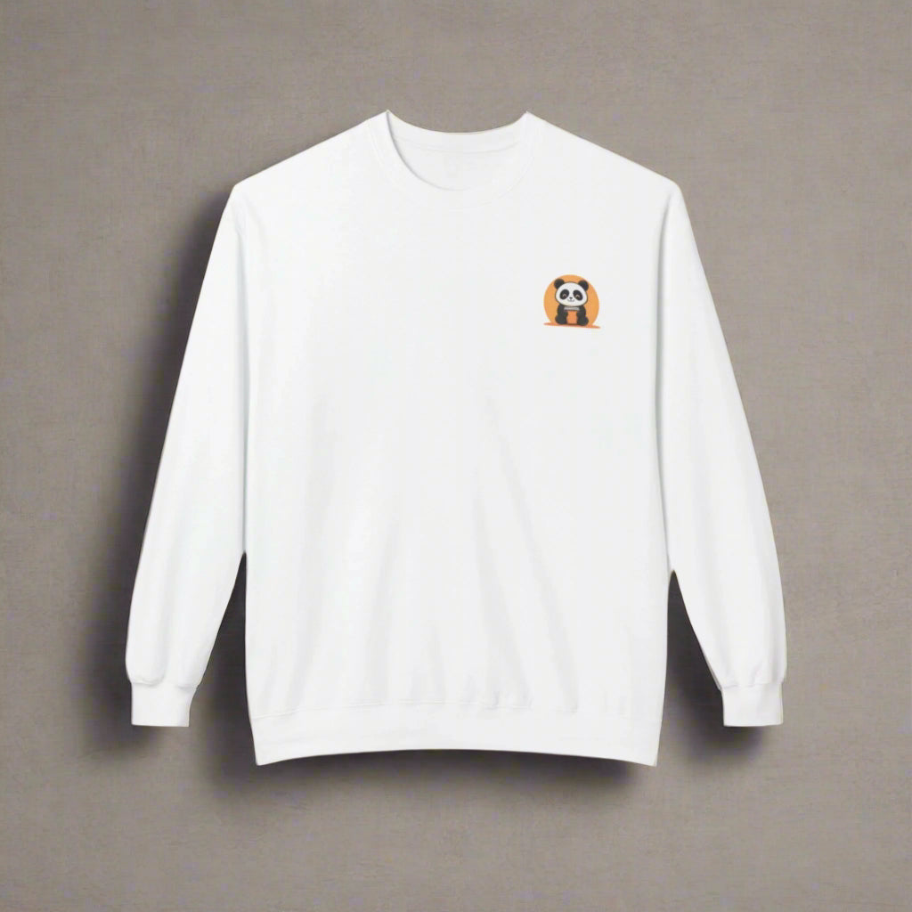 White sweatshirt with a small logo on the chest against a white background