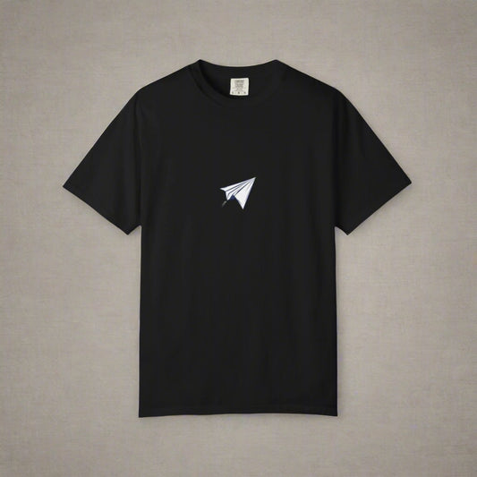 Black t-shirt with a white paper airplane design on a white background