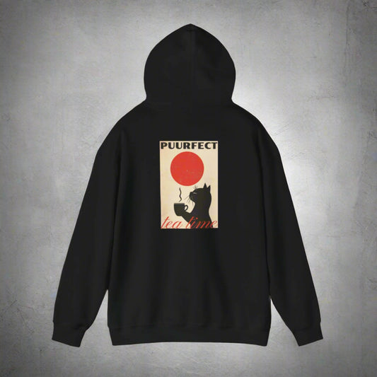 cat and tea on black hoodie