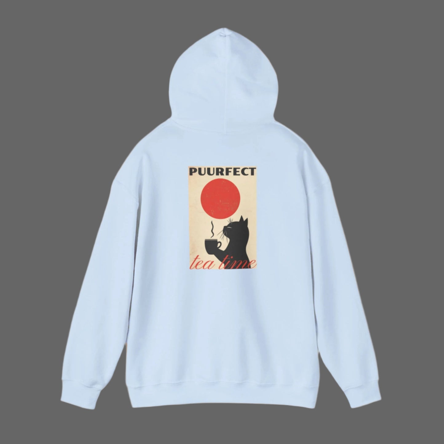 cat and tea on blue hoodie