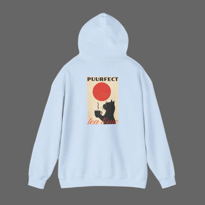 cat and tea on blue hoodie