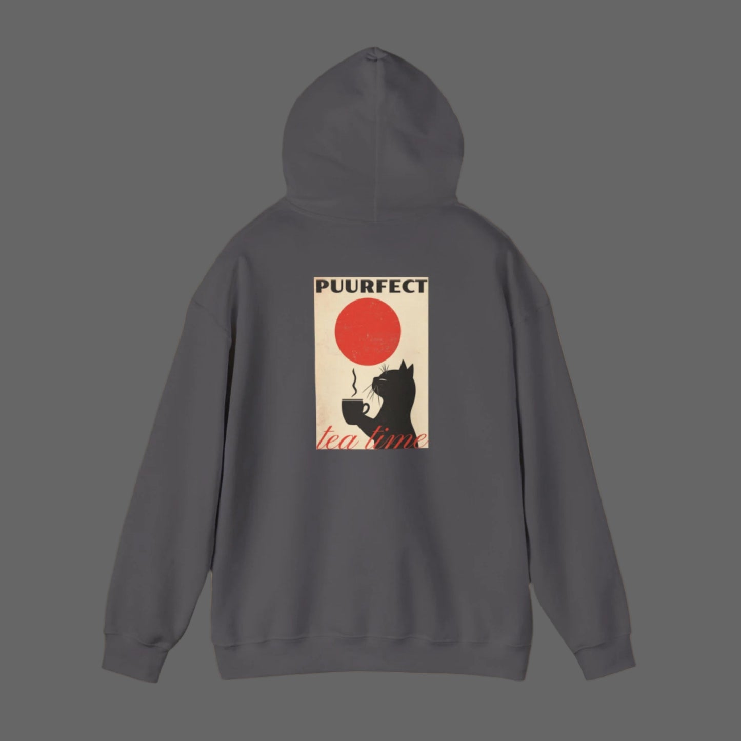 cat and tea on charcoal gray hoodie