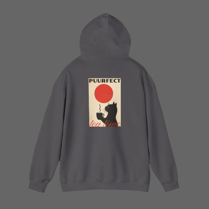 cat and tea on charcoal gray hoodie