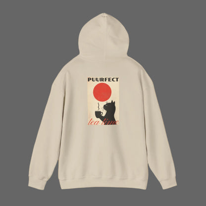 cat and tea on gray hoodie