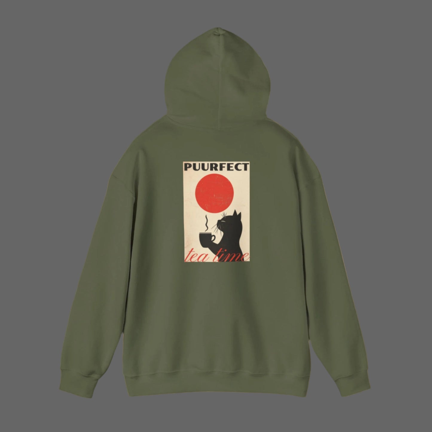 cat and tea on green hoodie