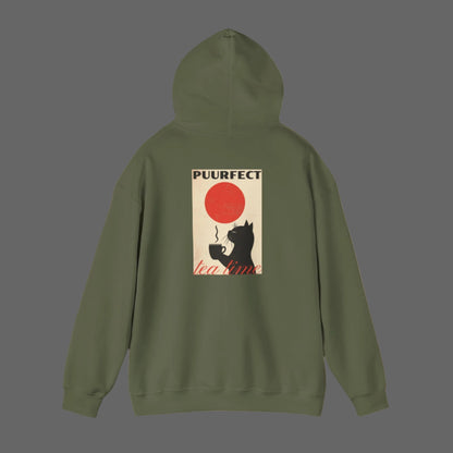 cat and tea on green hoodie