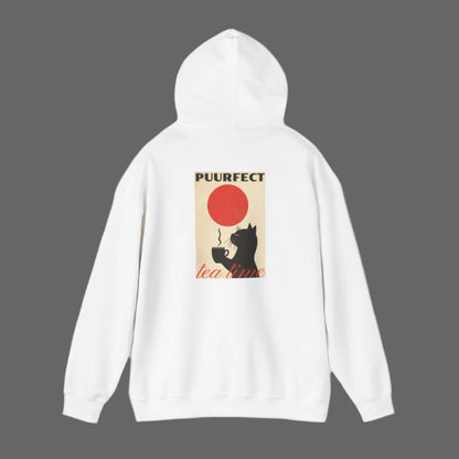 cat and tea on white hoodie
