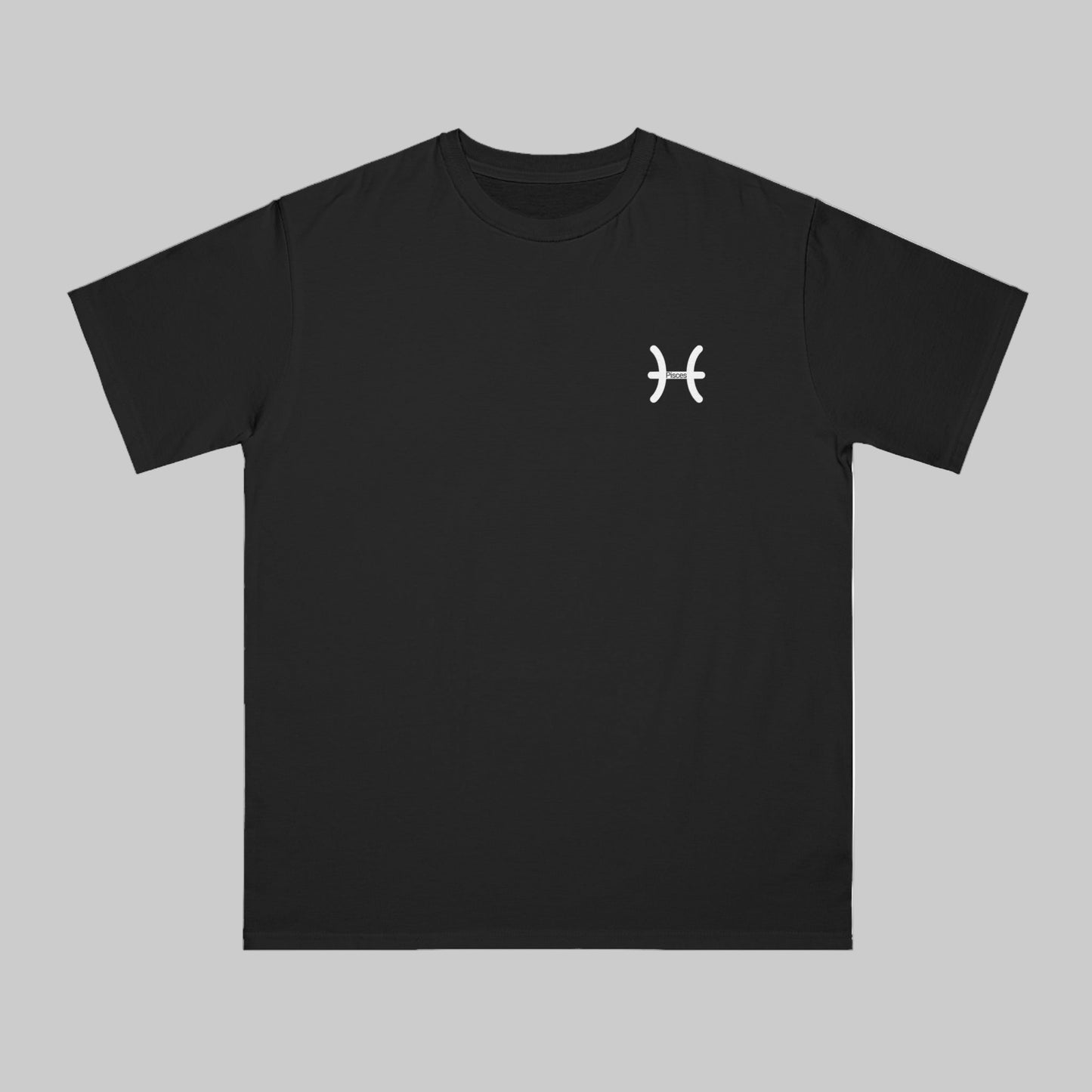 Black t-shirt with a white logo on a white background
