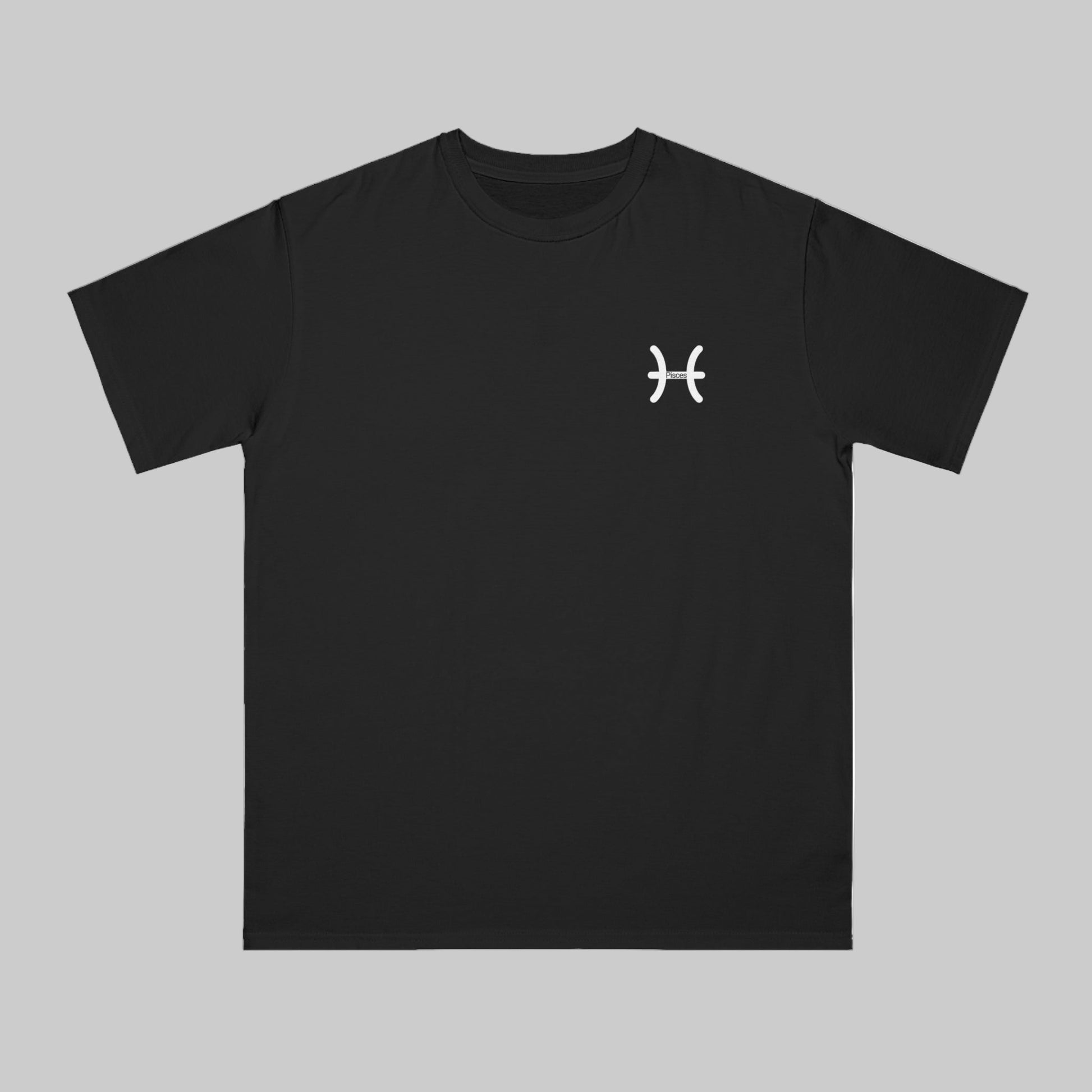 Black t-shirt with a white logo on a white background