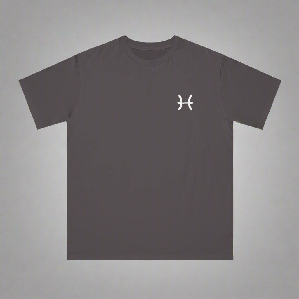 Dark gray t-shirt with a white logo on a white background