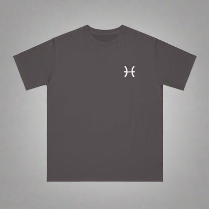 Dark gray t-shirt with a white logo on a white background