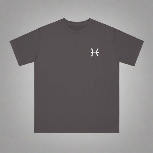 Dark gray t-shirt with a white logo on a white background