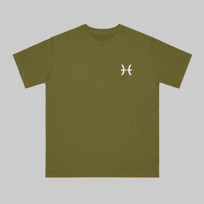 Green t-shirt with a white logo on a white background