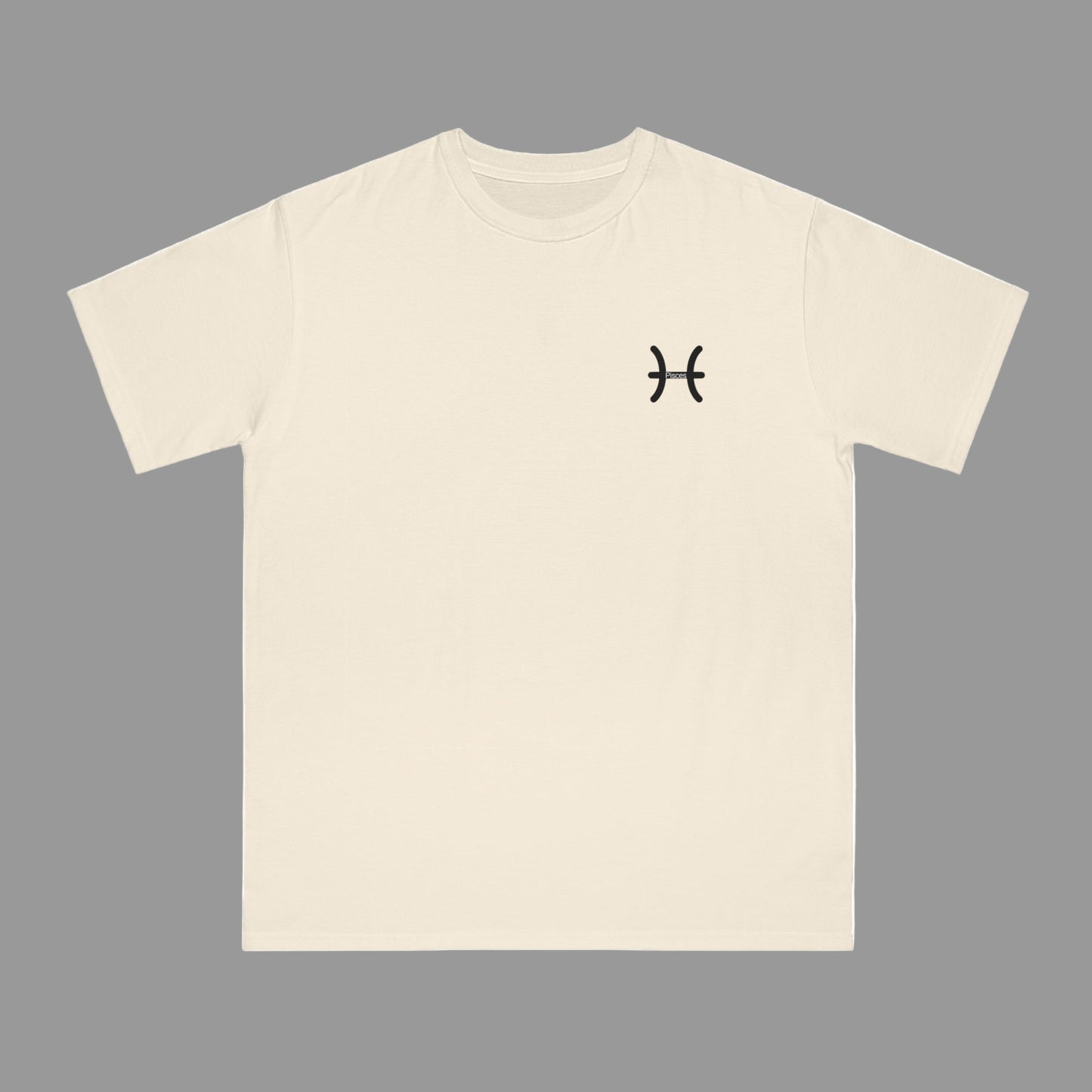 Beige t-shirt with a black symbol on a white background