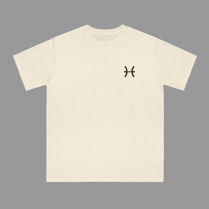Beige t-shirt with a black symbol on a white background