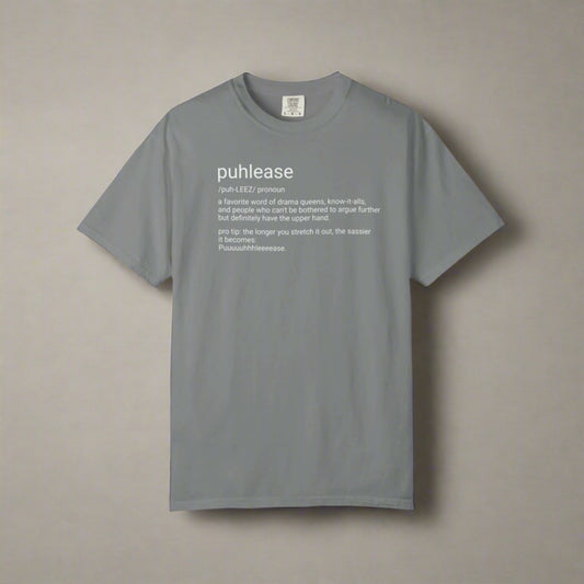 Gray t-shirt with white text on a white background