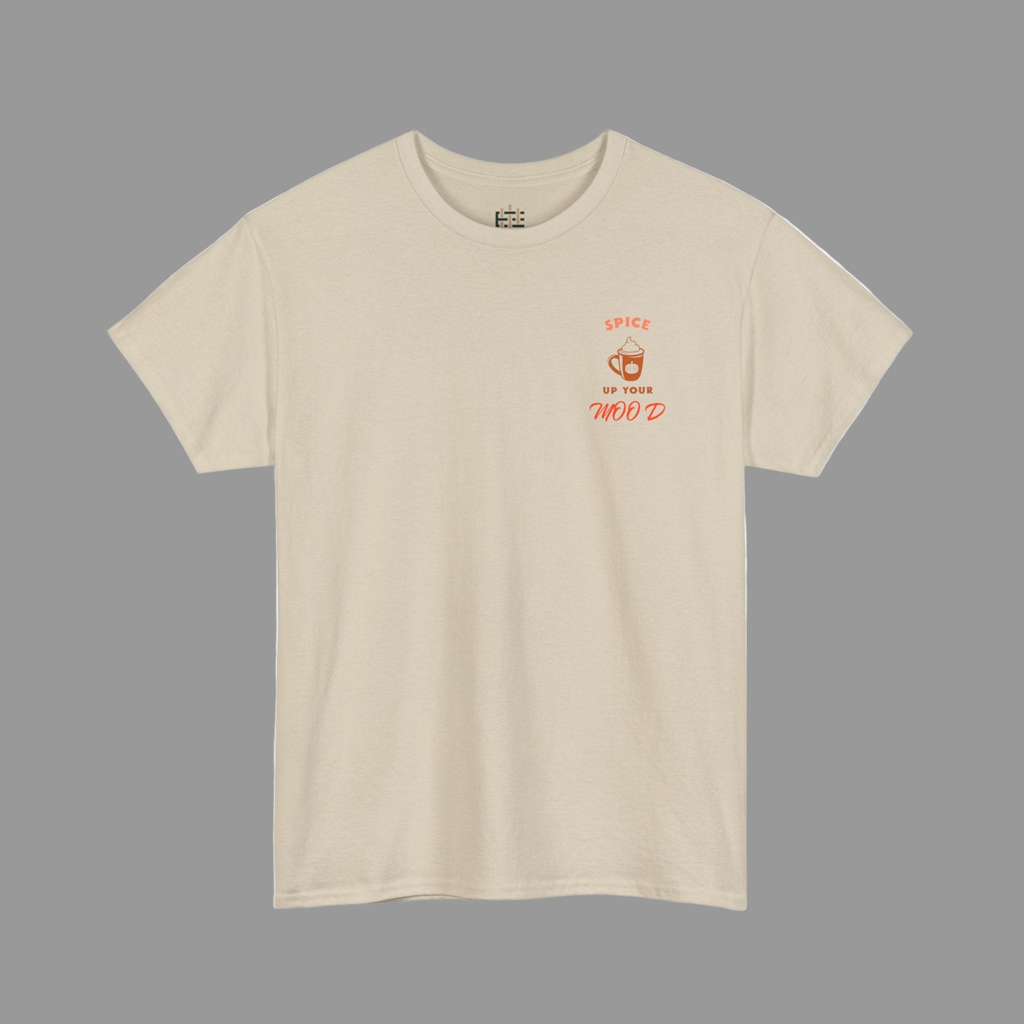 Beige t-shirt with red text on a white background