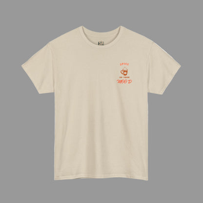 Beige t-shirt with red text on a white background
