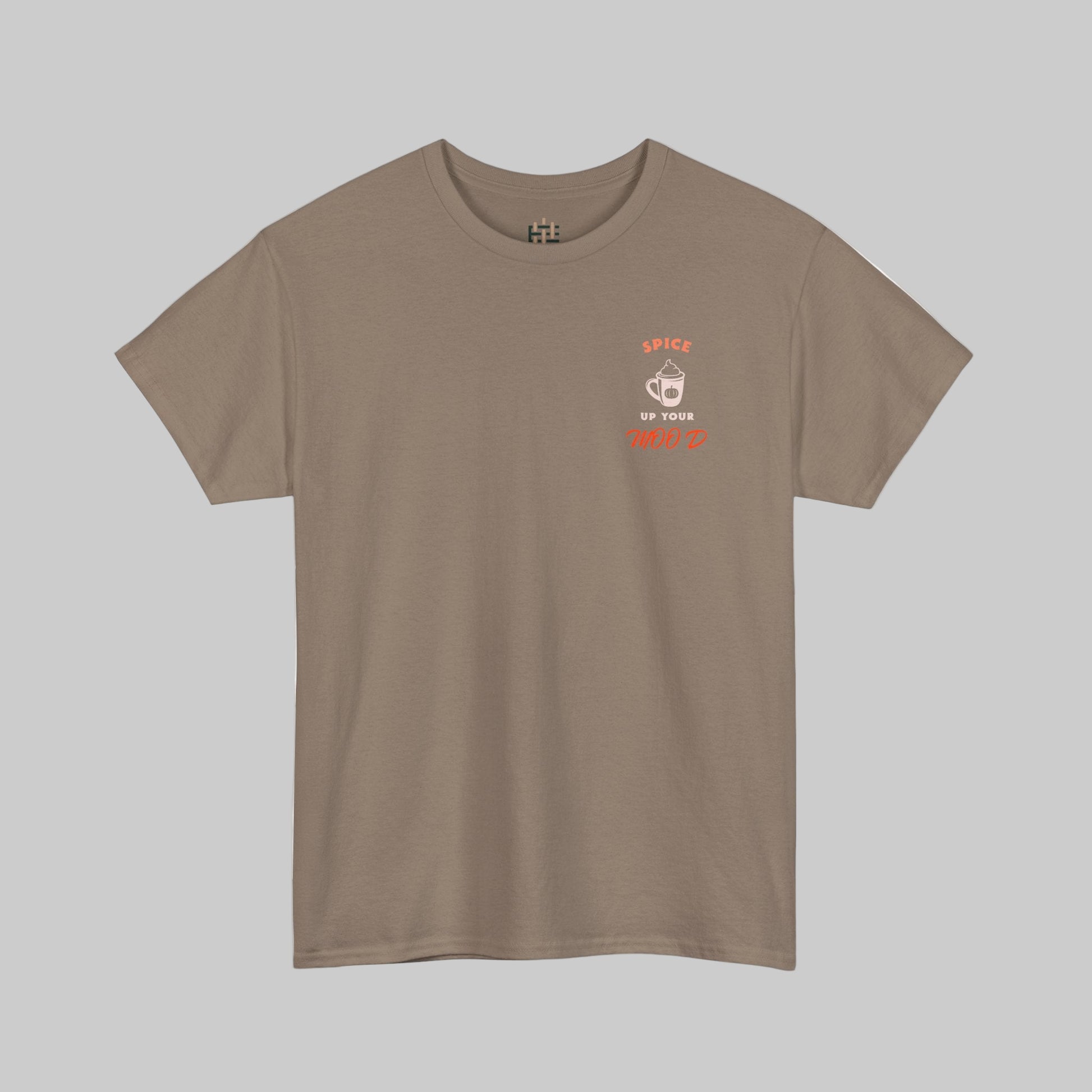 Brown t-shirt with a graphic design on a white background