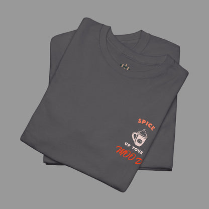 Folded dark gray t-shirt with a graphic and text on a white background