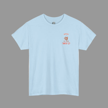Light blue t-shirt with red text on a white background