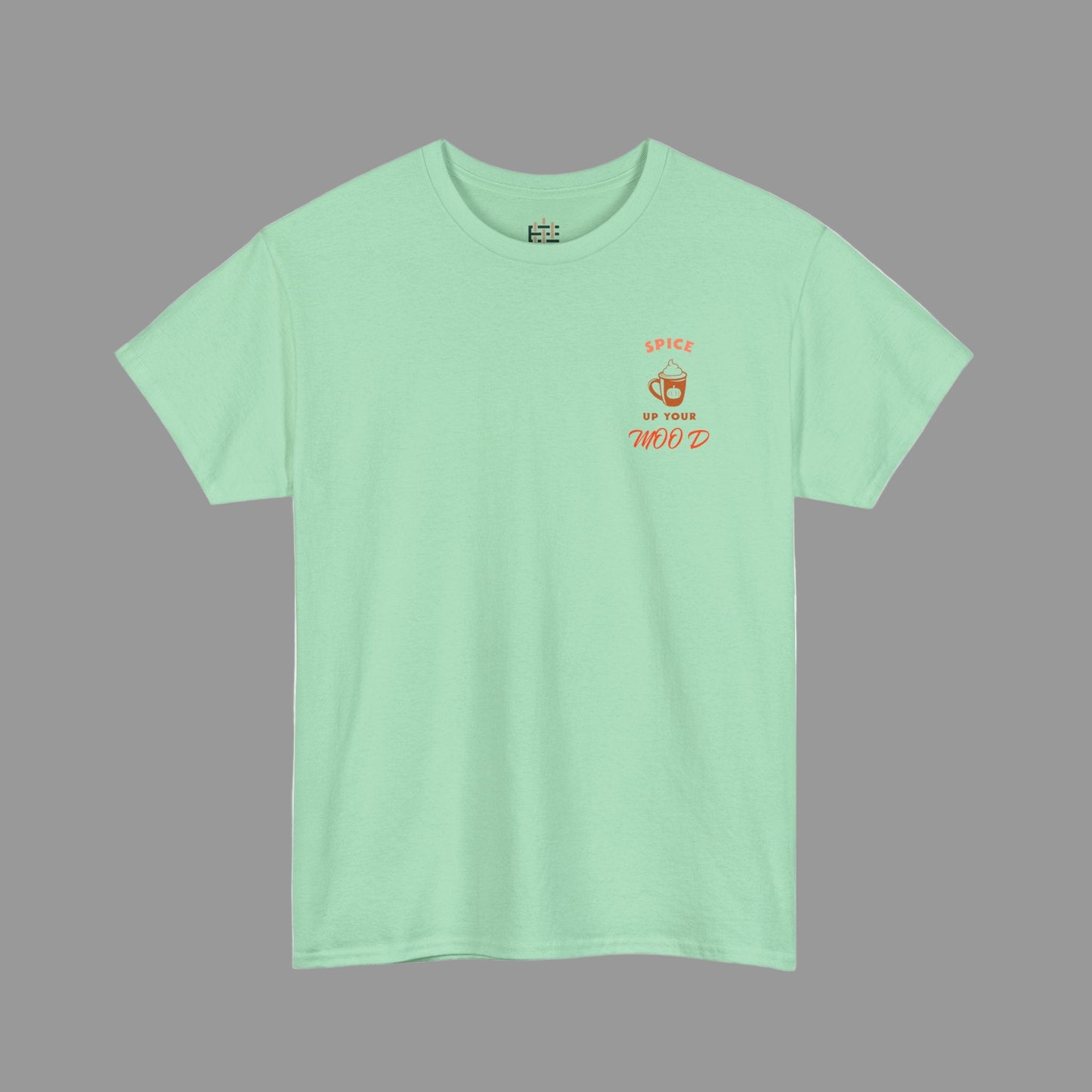 Mint green t-shirt with red text on a white background