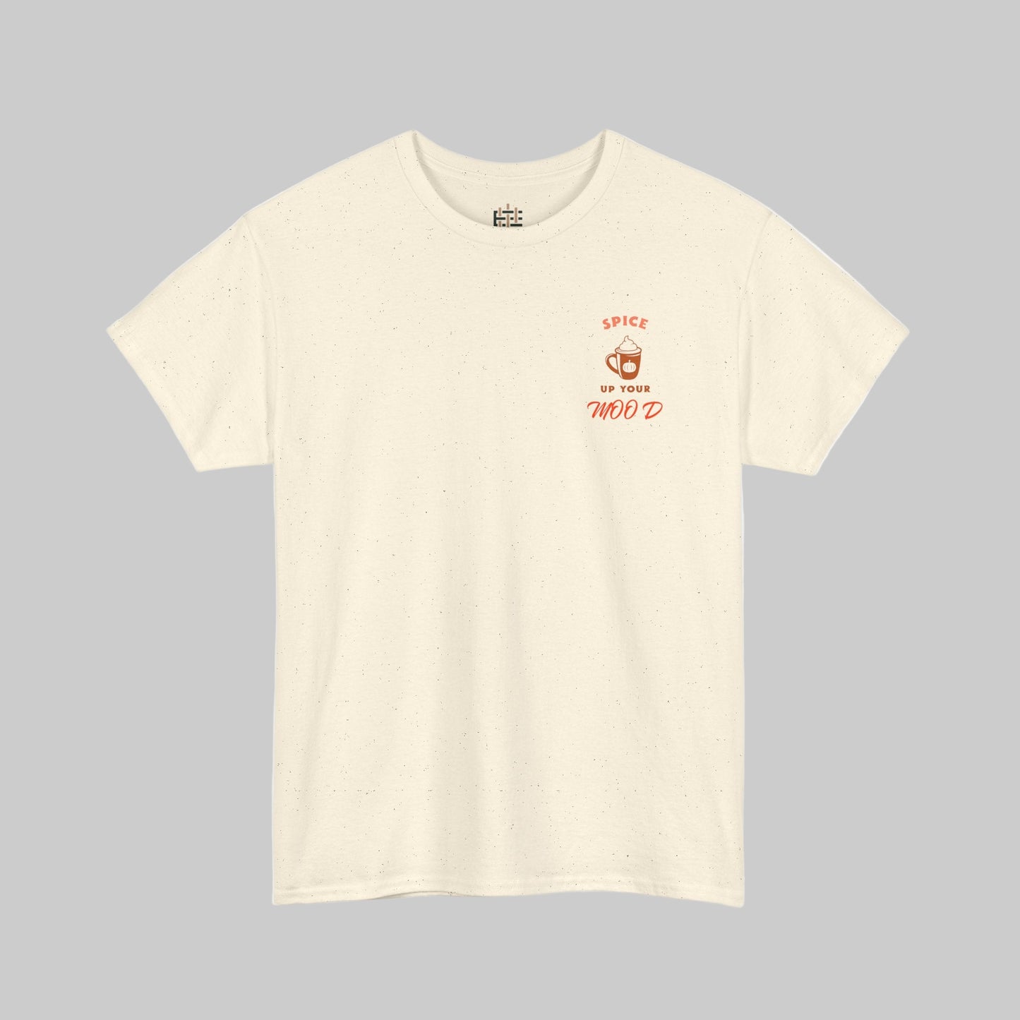 Beige t-shirt with red text and graphic on a white background