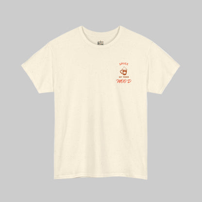 Beige t-shirt with red text and graphic on a white background