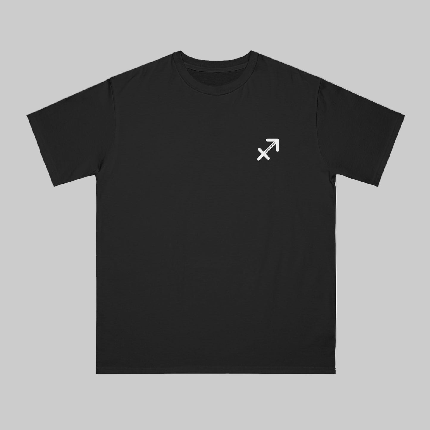 Black t-shirt with a white symbol on the chest against a white background
