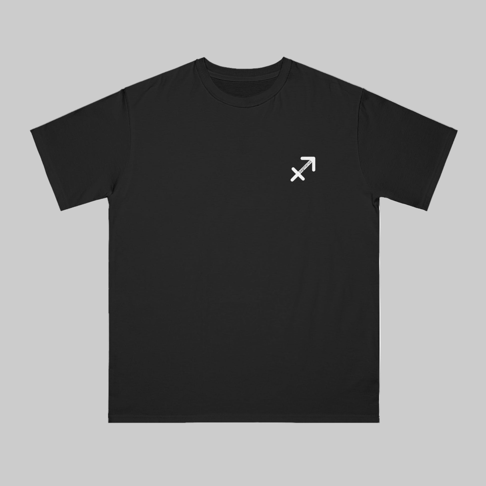Black t-shirt with a white symbol on the chest against a white background