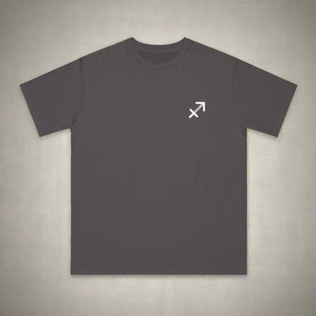 Dark gray t-shirt with a white symbol on the chest against a white background