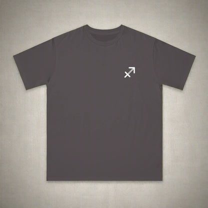 Dark gray t-shirt with a white symbol on the chest against a white background